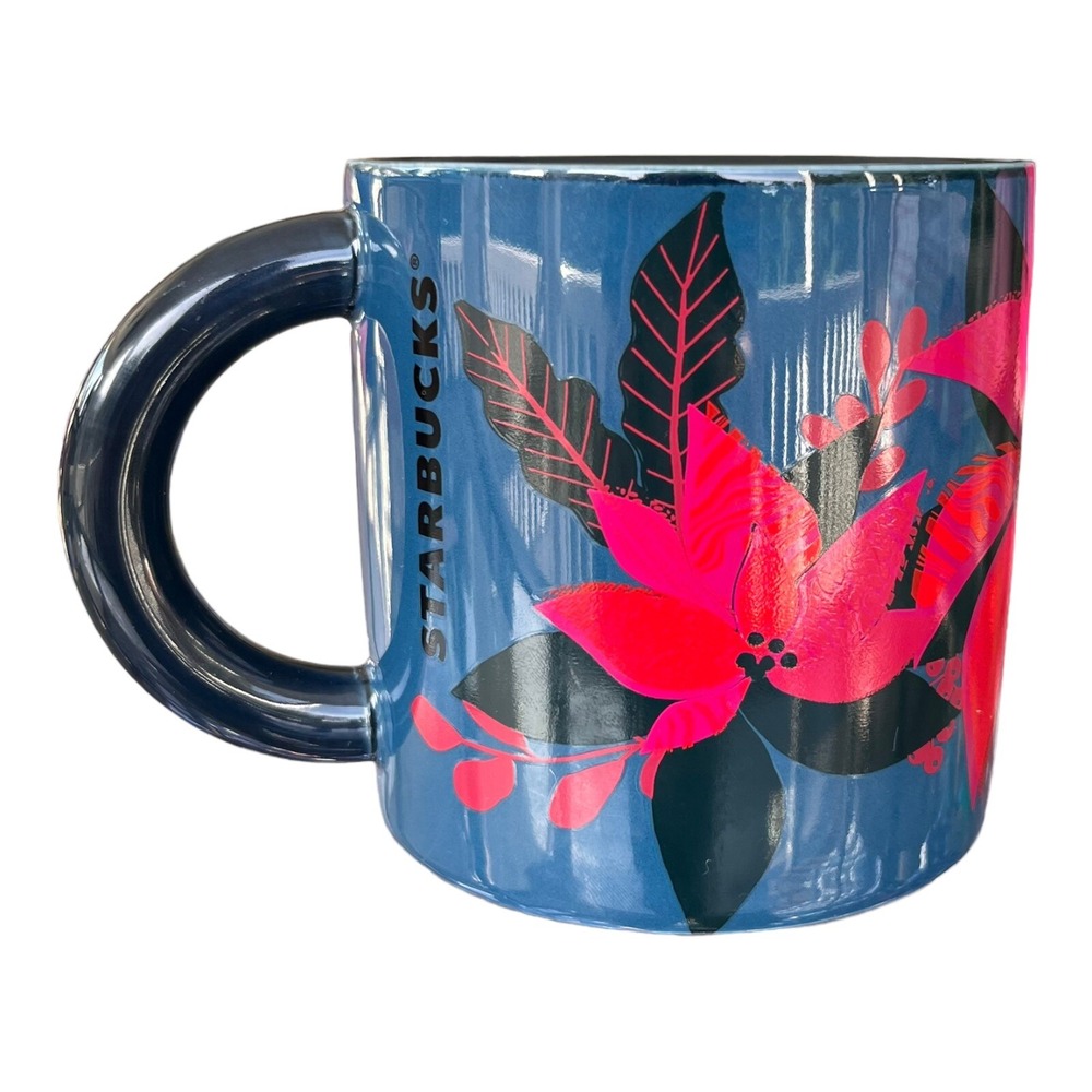 STARBUCKS 2021 Christmas Holiday Poinsettia 12 oz 355mL Coffee Mug Blue Red Pink
